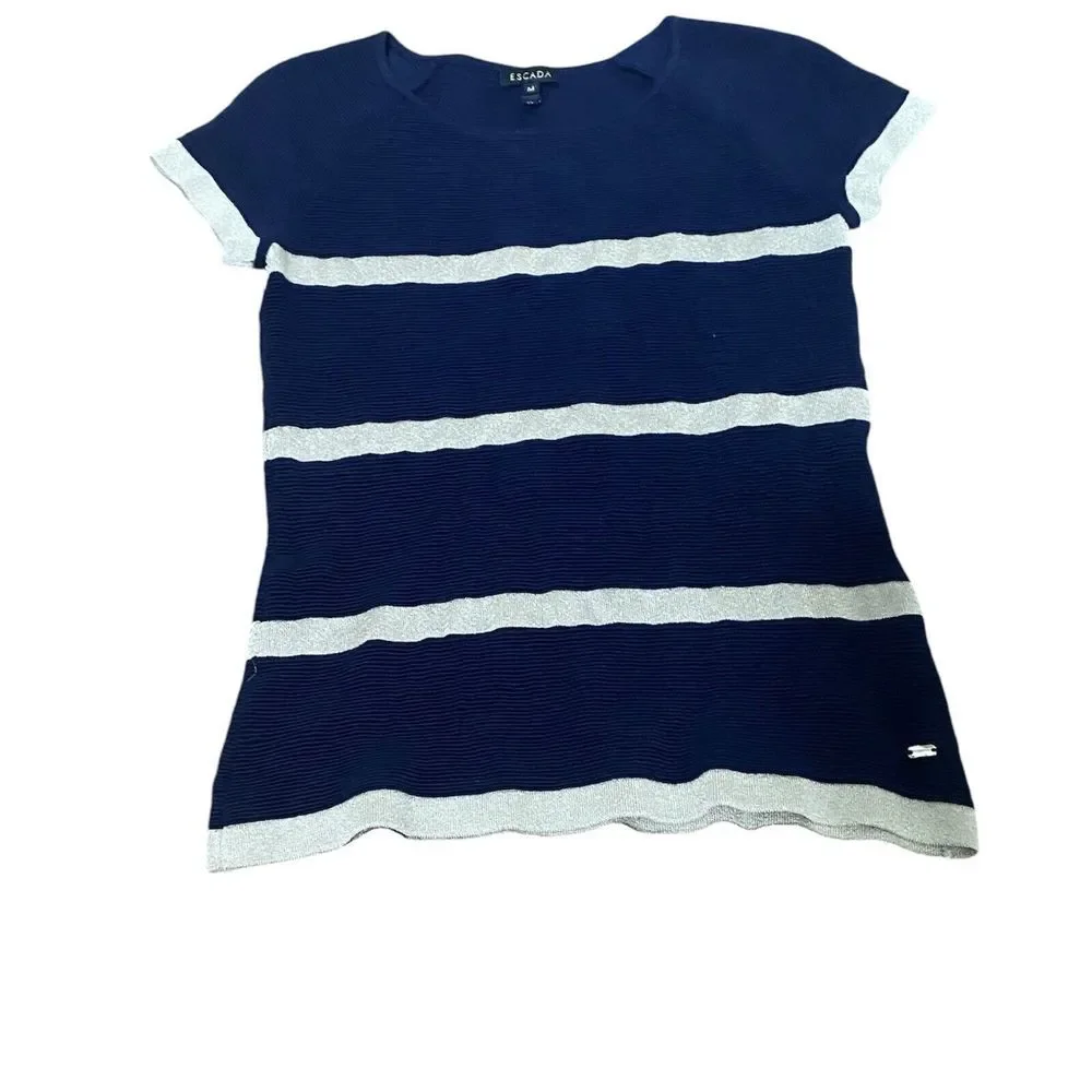 Escada Knit Sweater Womens Size‎ Medium Navy Stripe Short Sleeve Wool Silk